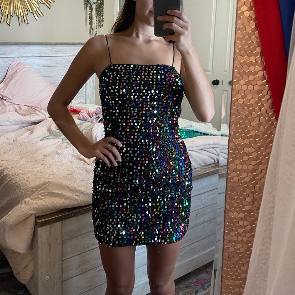Bear Dance Rainbow Sequins Black Dress Size M